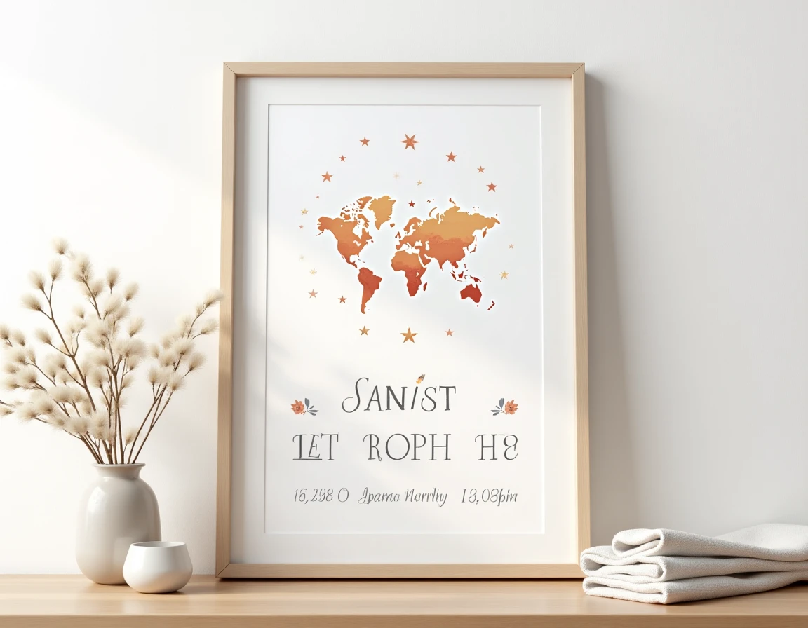 Affiche illustrée personnalisée encadrée avec le jour de naissance d'un bébé pour un baptême