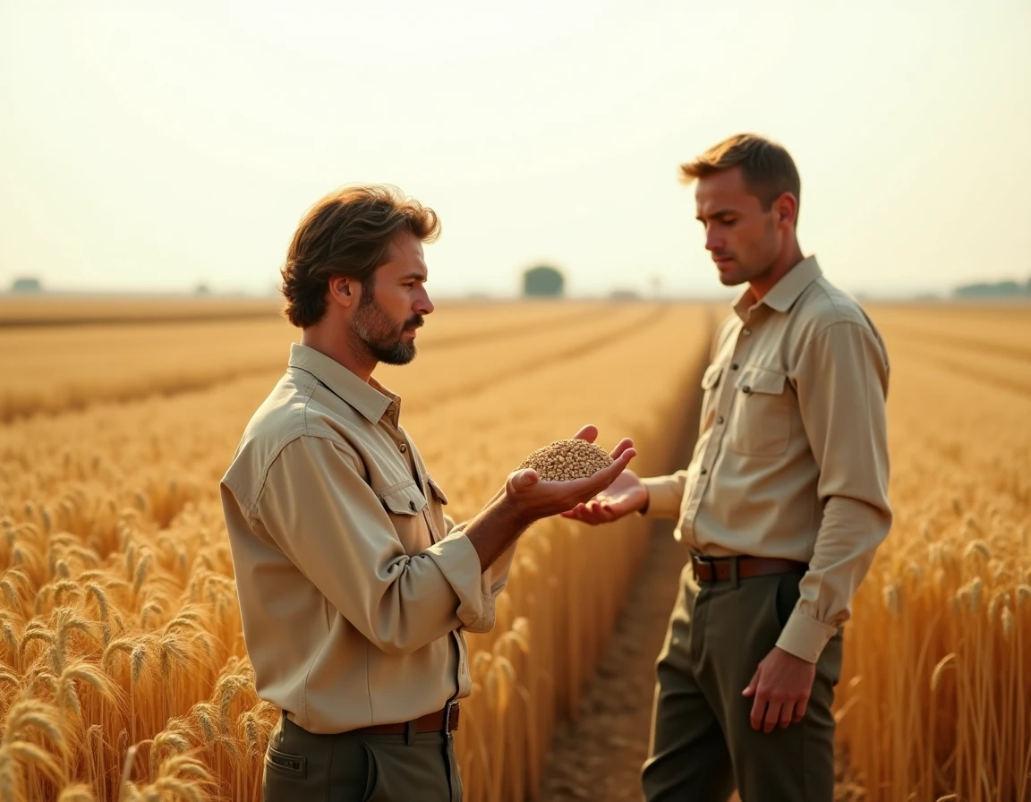 Agriculteur passionné inspectant des grains de blé dans un champ de céréales doré, loisir et découverte de l'agriculture