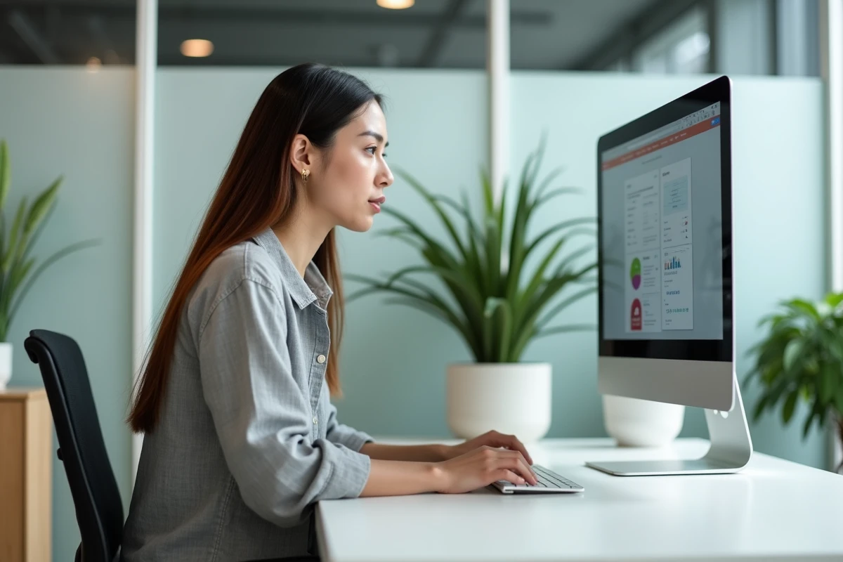 Développeuse web analysant l'expérience utilisateur d'un site web sur un grand écran dans un bureau moderne