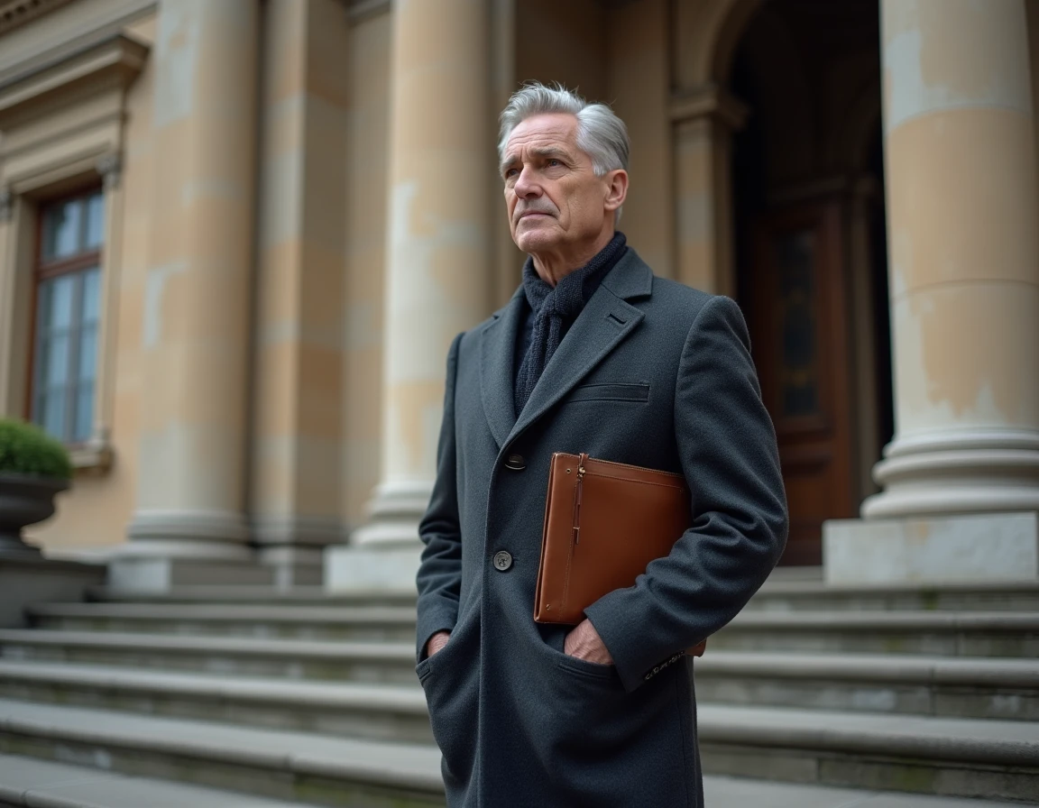 Figure artistique emblématique devant une institution culturelle européenne, symbole du rayonnement d'Antoine Pésery dans l'art