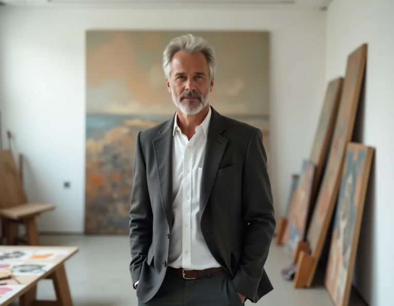 Portrait d'un artiste inspirant dans une galerie d'art contemporaine, illustrant le parcours créatif d'Antoine Pésery