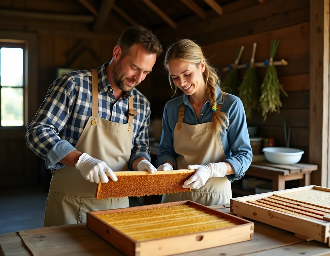 Couple d'apiculteurs amateurs examinant des cadres de ruche dans une grange rustique, activité de loisir apiculture et agriculture