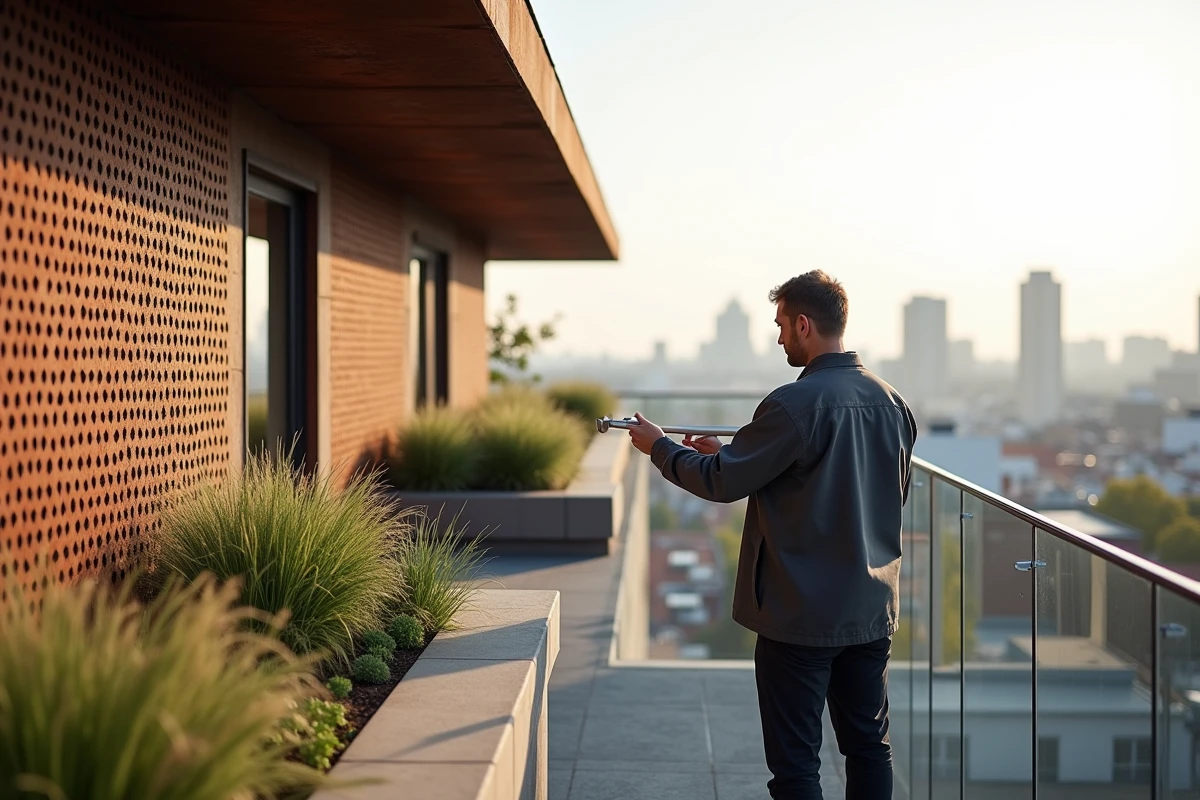 Toiture terrasse contemporaine avec bardage Corten perforé et toiture végétalisée sur immeuble urbain européen