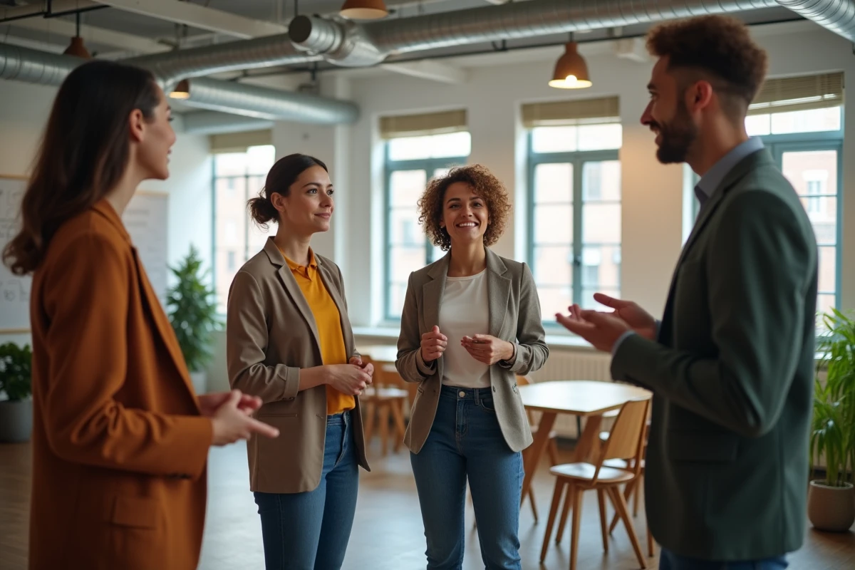 Groupe d'adultes participant à un atelier de prise de parole en public dans un espace de coworking moderne