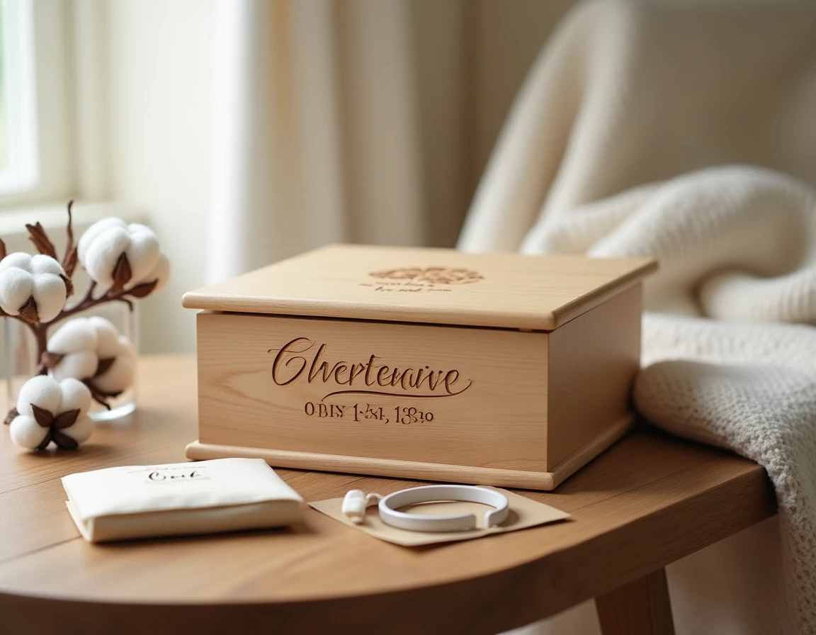Boîte à souvenirs en bois personnalisée avec prénom et date de naissance gravés pour un baptême