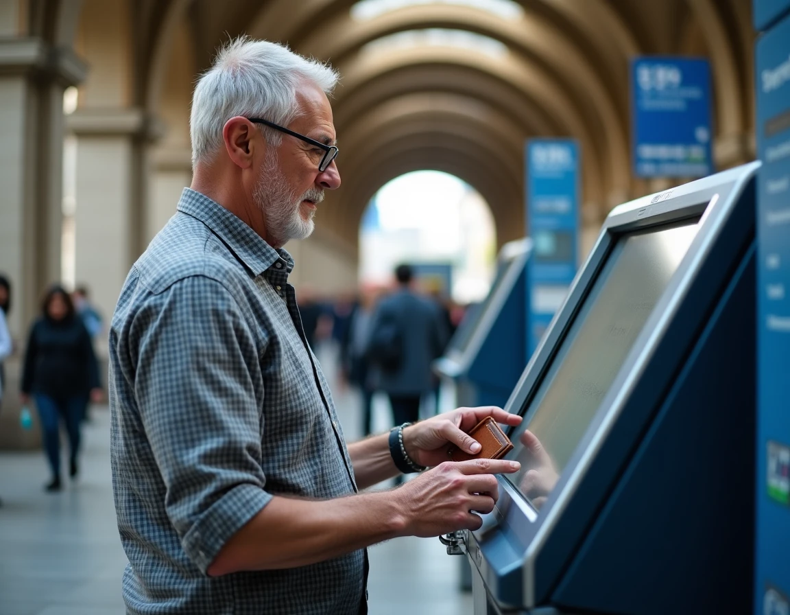 Un homme senior utilise une borne en libre-service dans une gare SNCF pour renouveler sa carte Avantage Senior