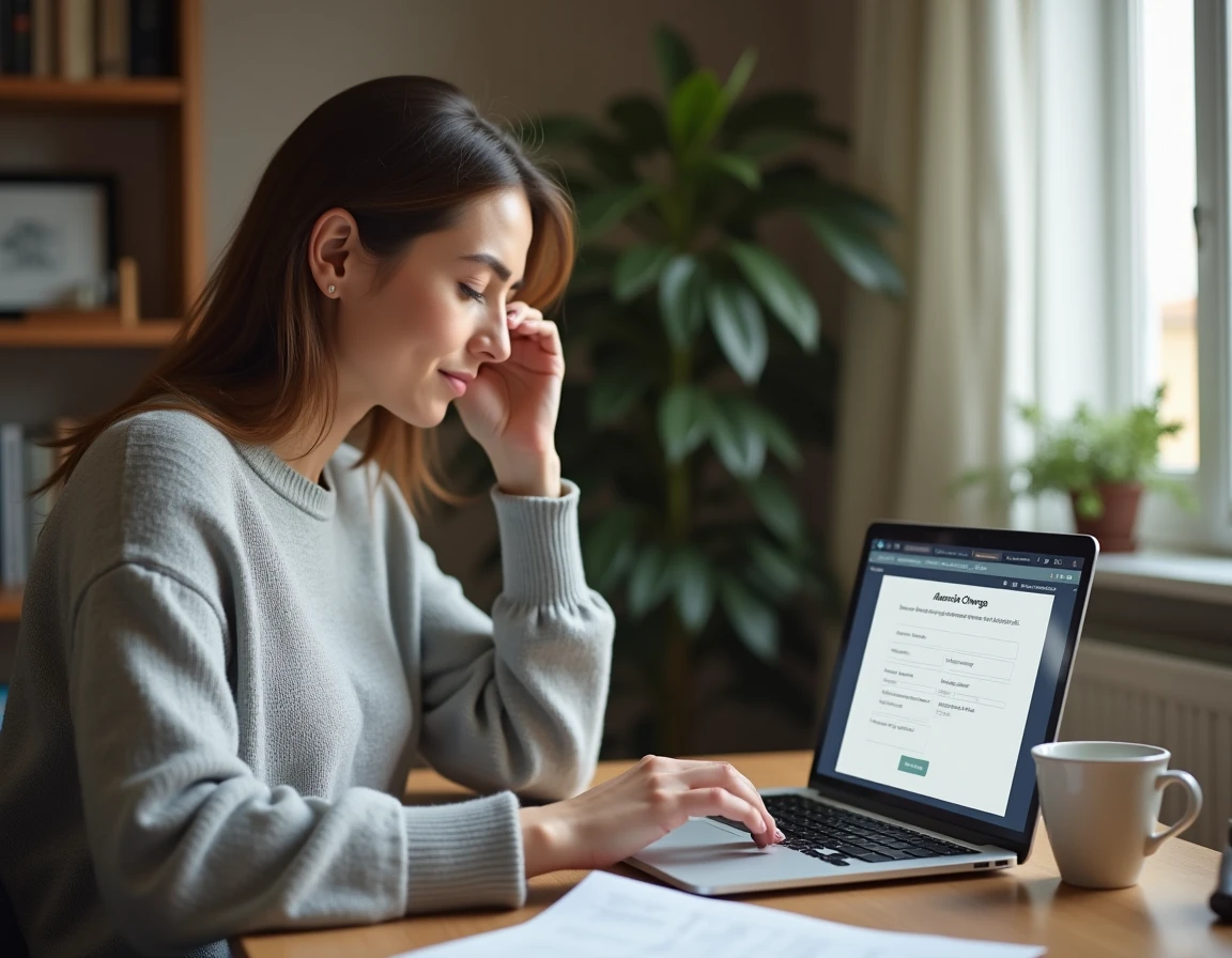 Femme utilisant un ordinateur portable pour effectuer un changement d'adresse en ligne depuis son bureau à domicile