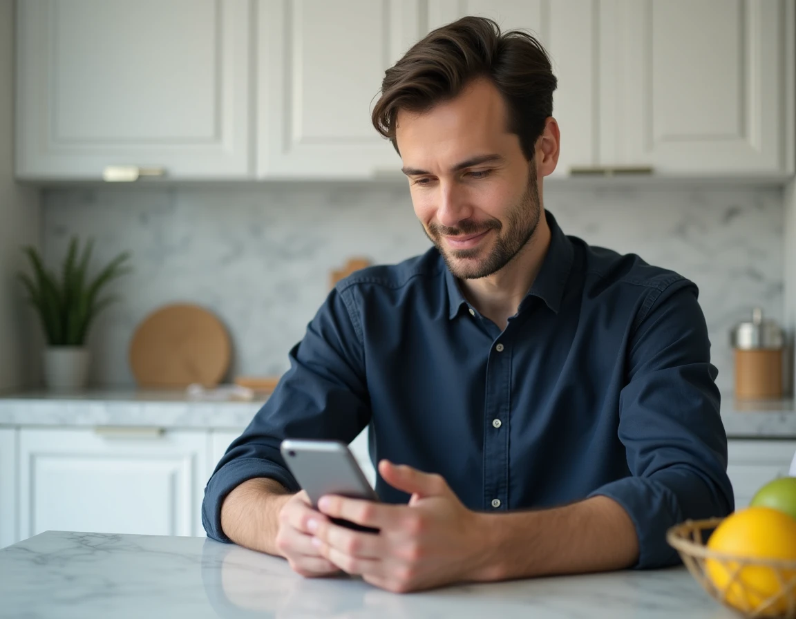 Homme effectuant un changement d'adresse officiel sur smartphone depuis sa cuisine