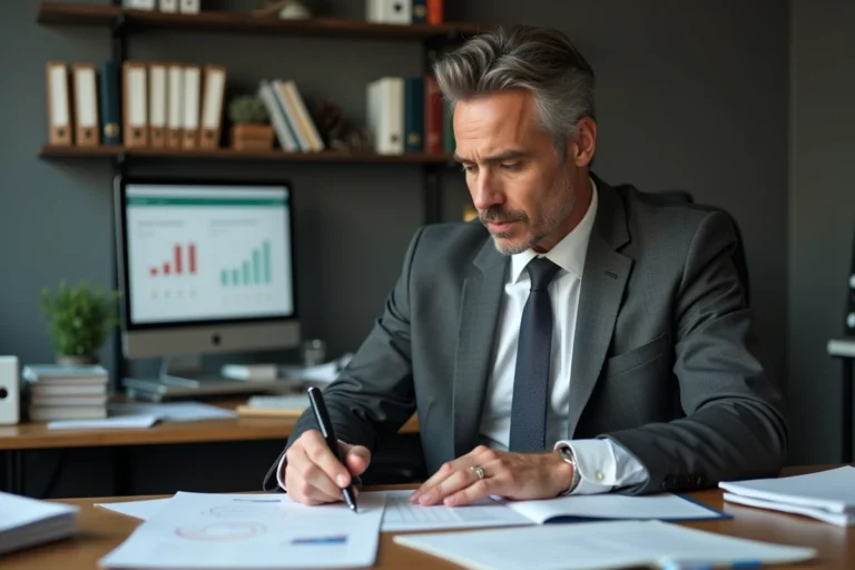 Chef d'entreprise masculin consultant des documents financiers relatifs à la fermeture de son entreprise à son bureau