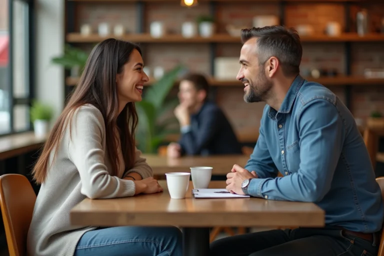 Deux collègues en conversation authentique dans un café urbain, illustrant la communication efficace au quotidien