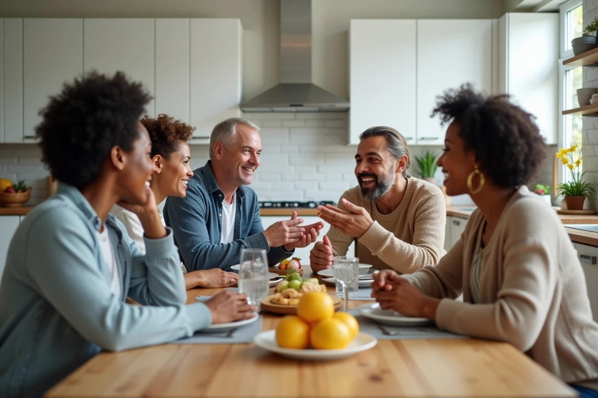 Famille réunie autour d'une table de cuisine engagée dans une conversation ouverte, symbole de communication familiale positive
