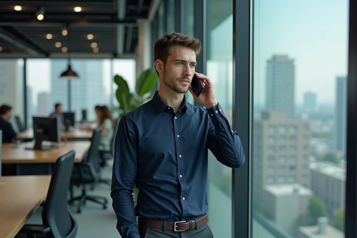 Jeune professionnel en communication téléphonique dans un bureau moderne, illustrant l'importance d'une communication claire en milieu professionnel