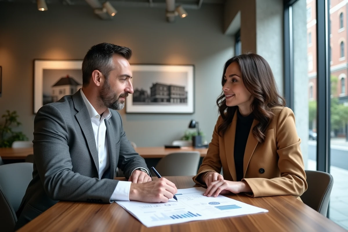 Deux professionnels de l'immobilier de luxe consultant un rapport d'estimation dans une agence moderne et haut de gamme