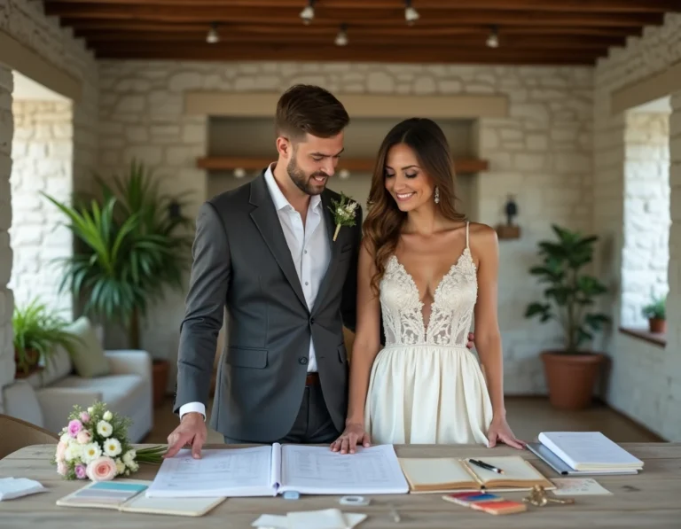 Couple de mariés planifiant leur mariage ensemble autour d'une table couverte de carnets et d'échantillons floraux dans une ferme rustique