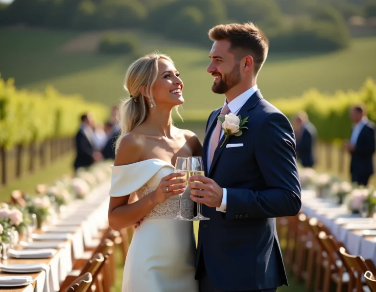 Couple de mariés souriant lors d'une réception de mariage en plein air dans un vignoble, décoration florale élégante en 2024