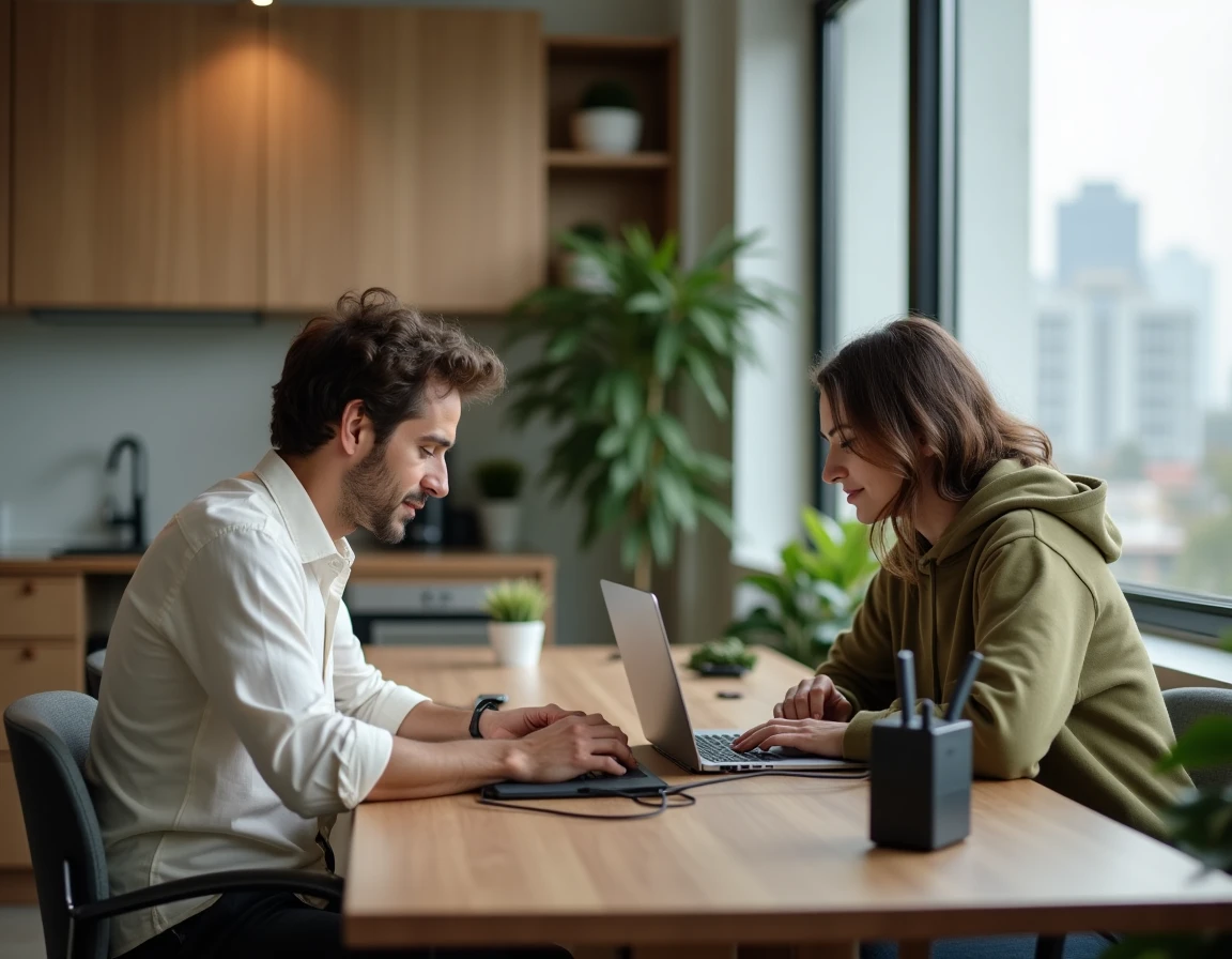 Casal em trabalho remoto compartilhando um espaço de trabalho em casa com roteador Wi-Fi visível e conexão de internet de alta velocidade