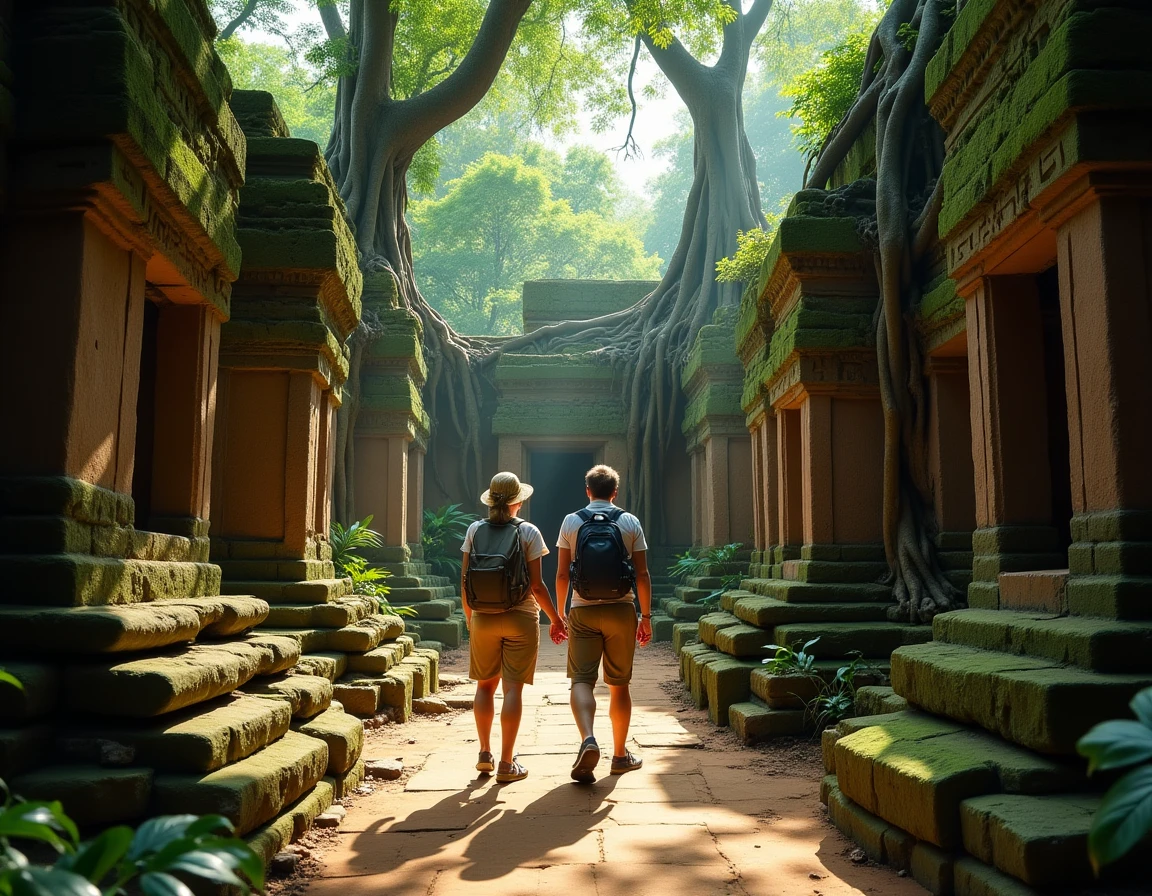 Couple de voyageurs explorant un temple ancien envahi par la végétation tropicale en Asie du Sud-Est