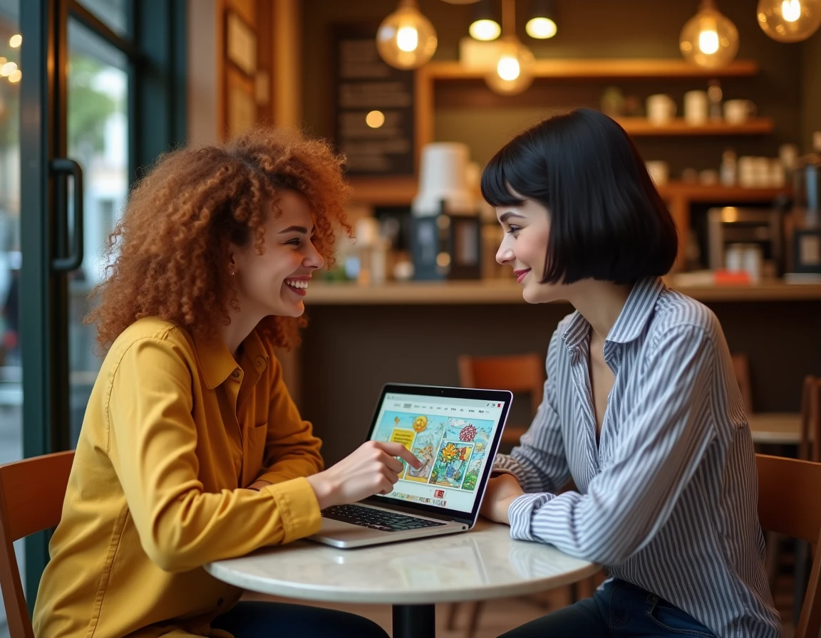 Deux créatrices de webtoons françaises collaborant sur un ordinateur portable dans un café parisien
