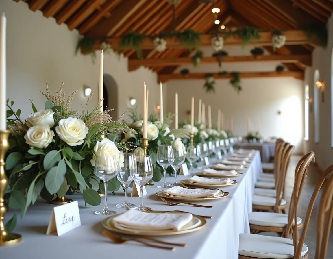 Décoration de table de mariage tendance dans une grange en pierre rénovée avec fleurs blanches et vaisselle dorée élégante