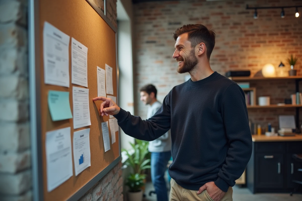 Designer UX présentant des wireframes et des maquettes de site web sur un tableau de liège dans un studio créatif