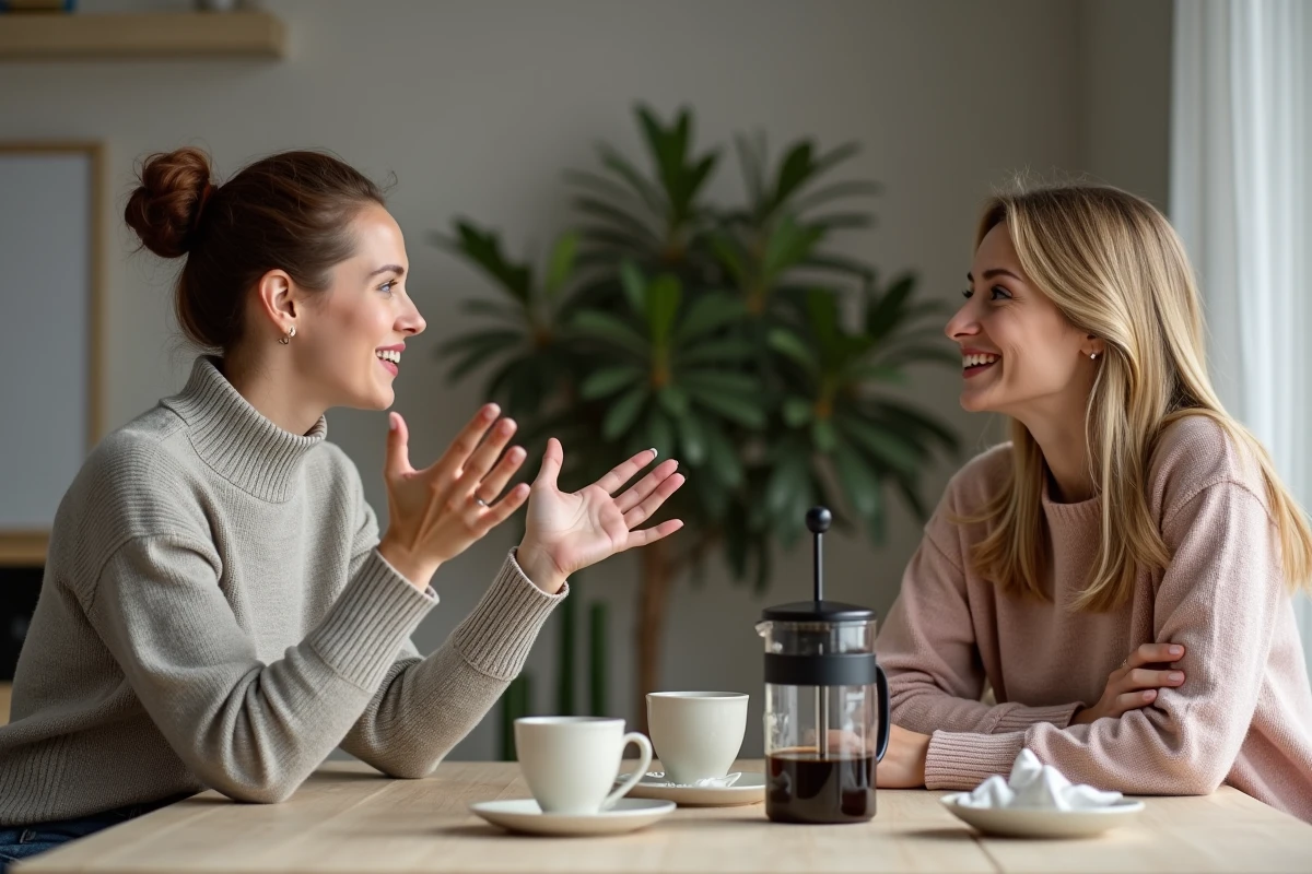 Deux femmes en discussion profonde autour d'un café, représentant le partage émotionnel et la compréhension mutuelle des désirs féminins