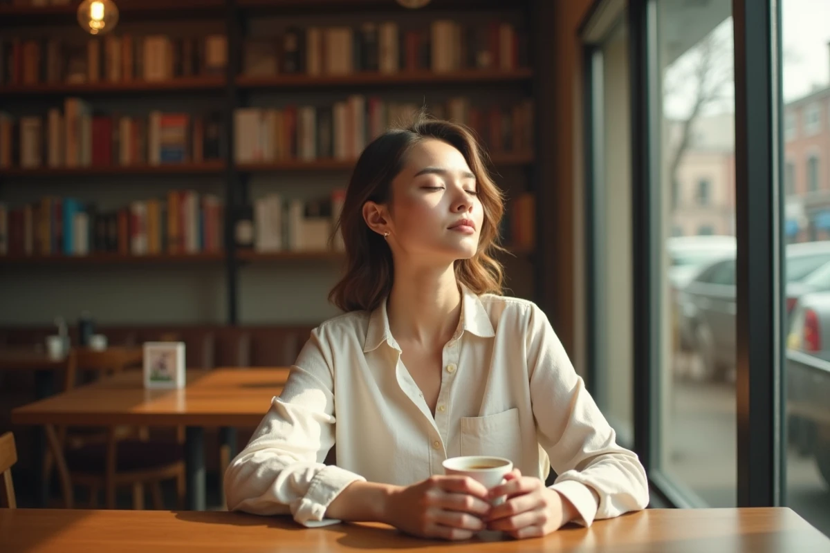Femme épanouie en pleine introspection dans un café chaleureux, illustrant les désirs profonds et l'épanouissement personnel féminin