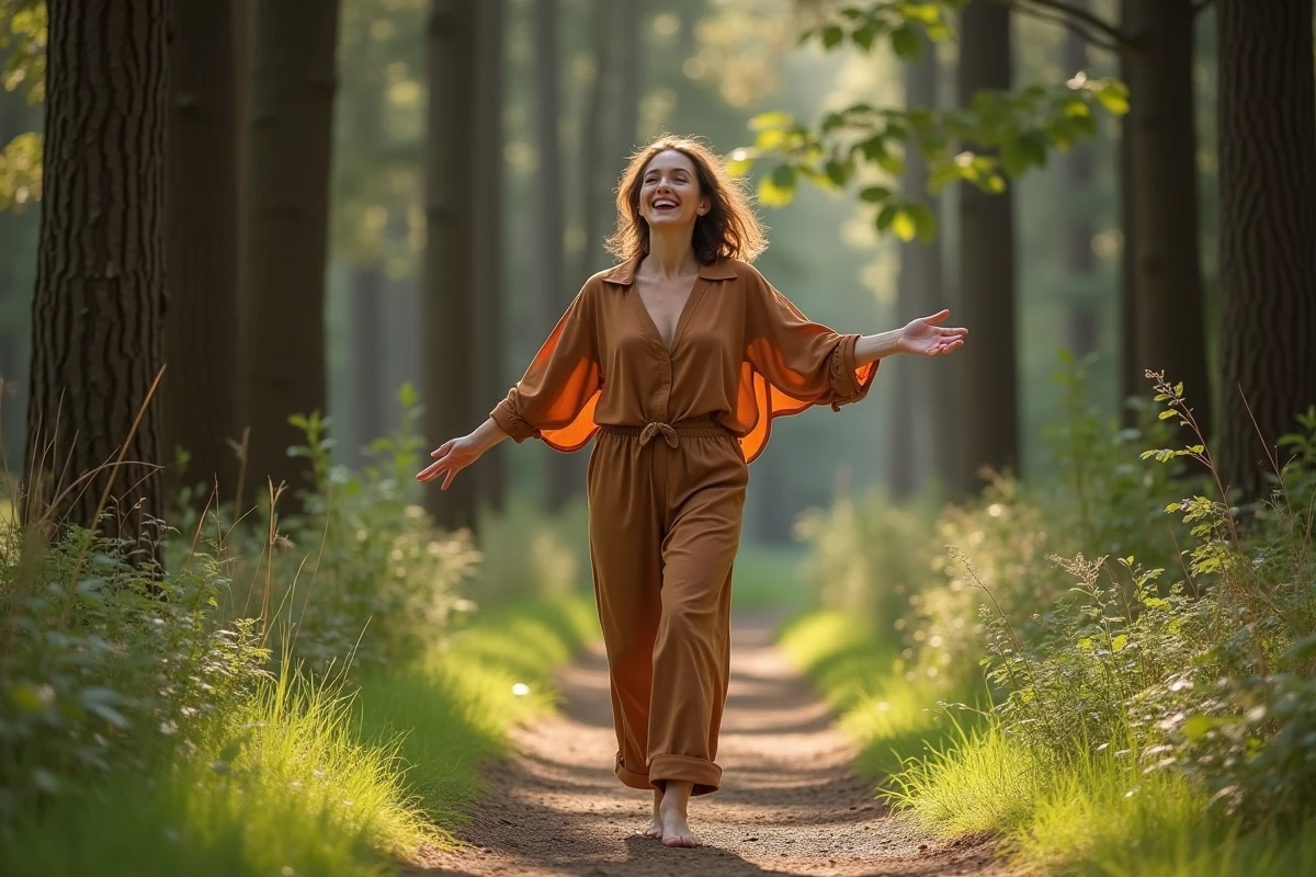 Femme libre et épanouie marchant en forêt, symbolisant la connexion avec ses désirs authentiques et le bien-être intérieur féminin