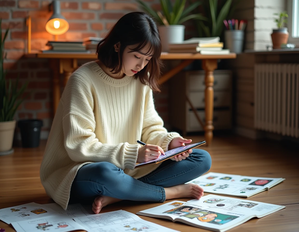 Jeune femme dessinatrice entourée de planches de webtoons français et de carnets de croquis dans un atelier créatif