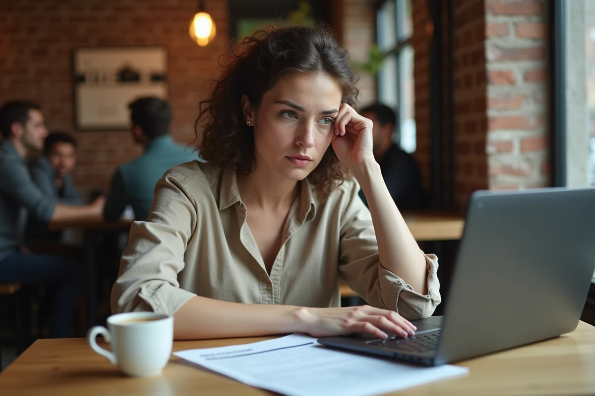 Cheffe de petite entreprise analysant les démarches d'indemnisation lors de la fermeture de son commerce dans un café