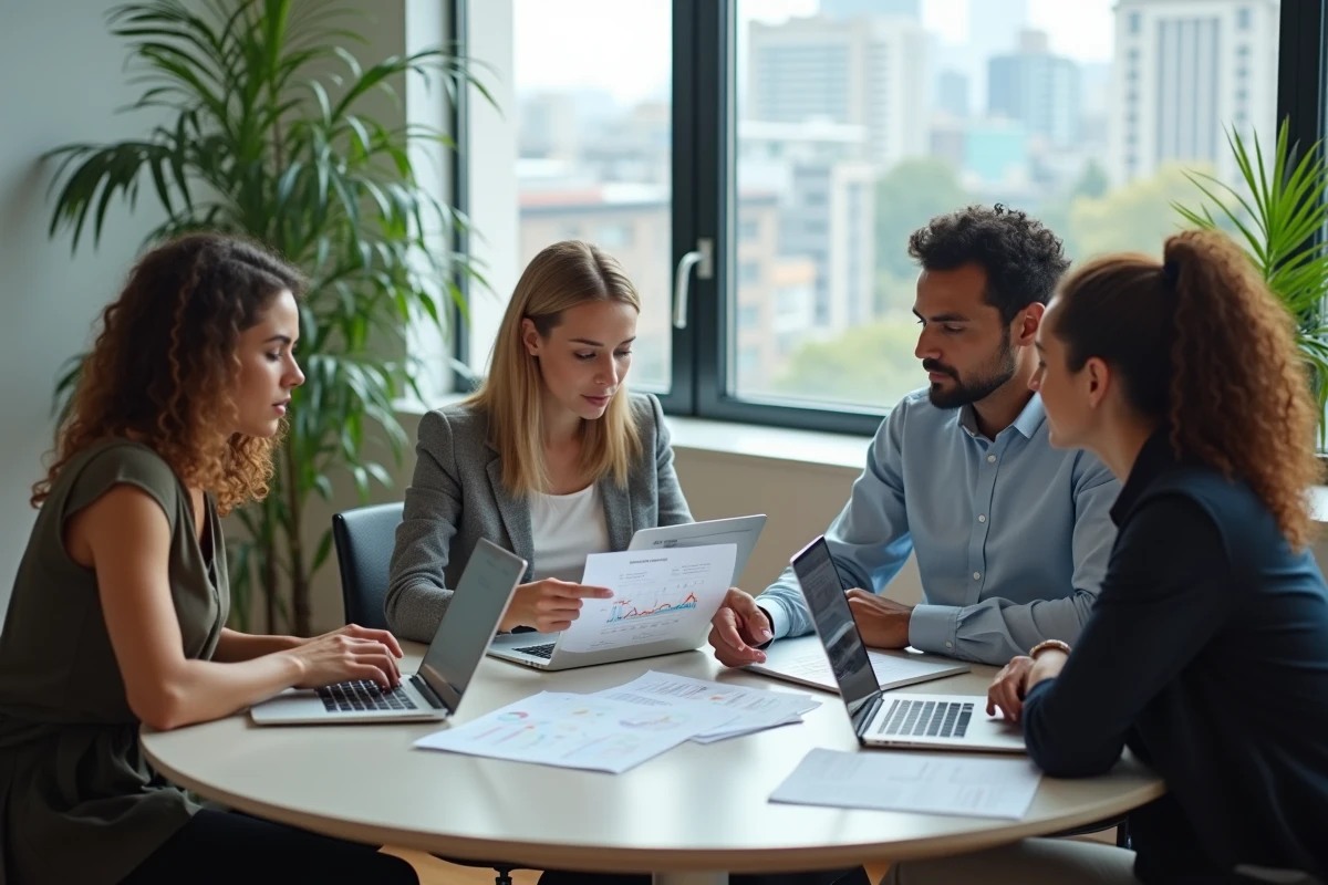 Équipe de professionnels collaborant sur l'optimisation de l'expérience utilisateur d'un site web autour d'une table