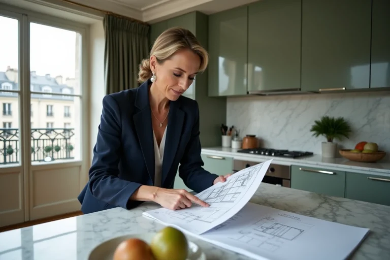 Femme experte en immobilier de prestige analysant des documents d'estimation dans un appartement haussmannien luxueux à Paris