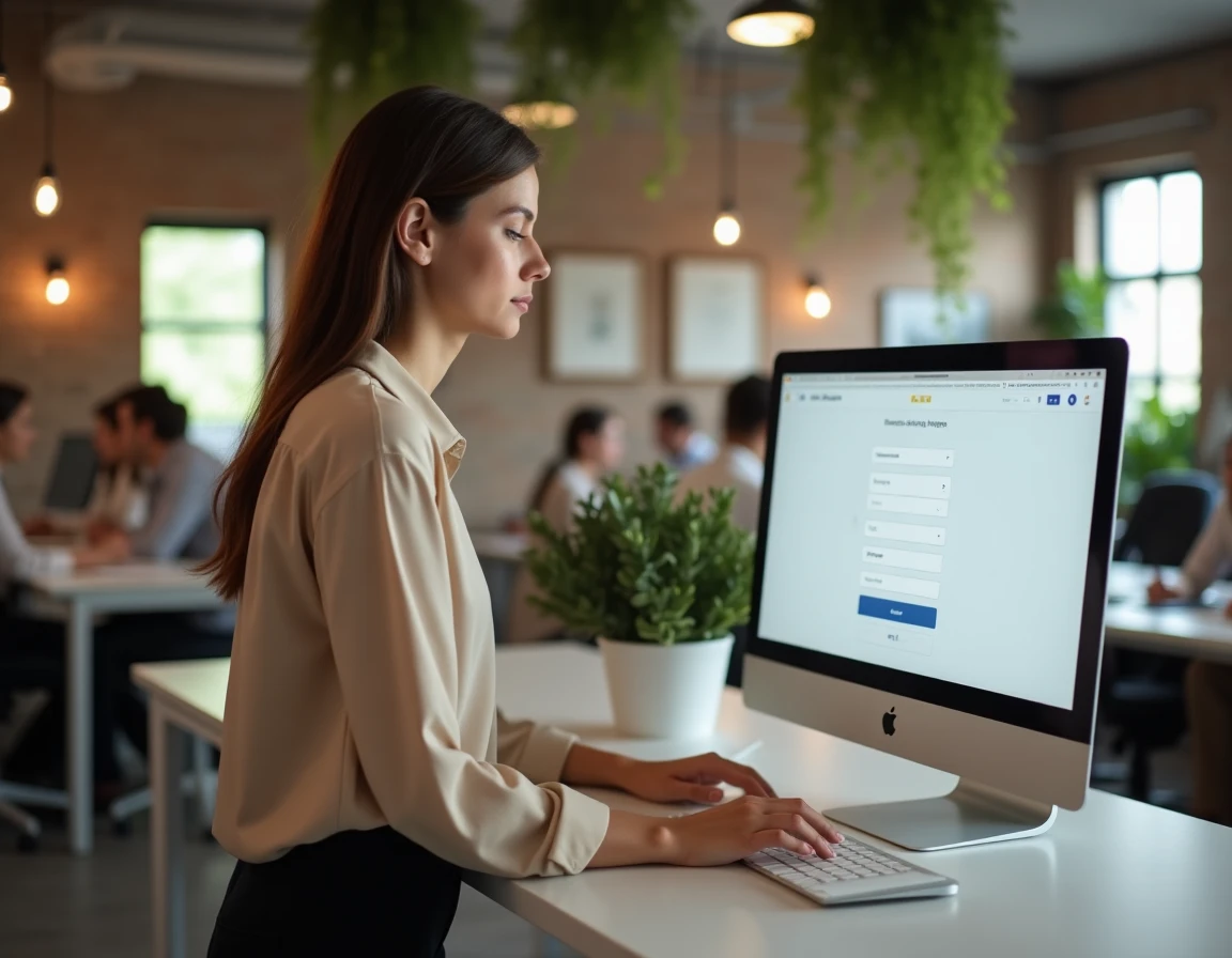 Jeune femme réalisant les étapes d'un changement d'adresse en ligne dans un espace de coworking