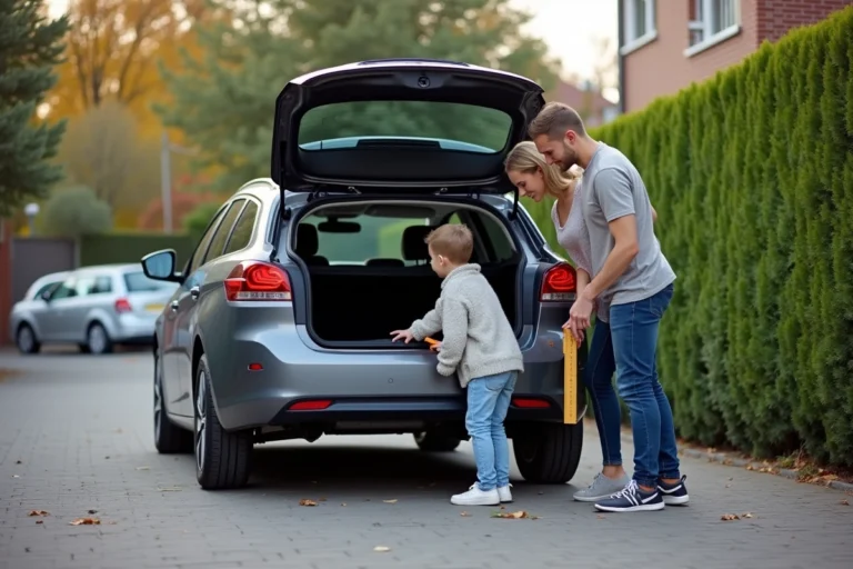 Famille avec Peugeot 308 SW mesurant le coffre