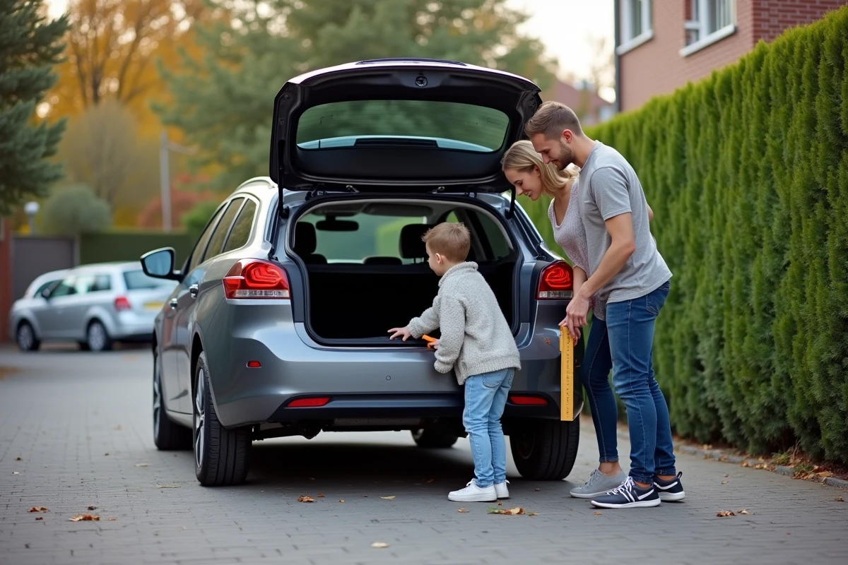 Famille avec Peugeot 308 SW mesurant le coffre