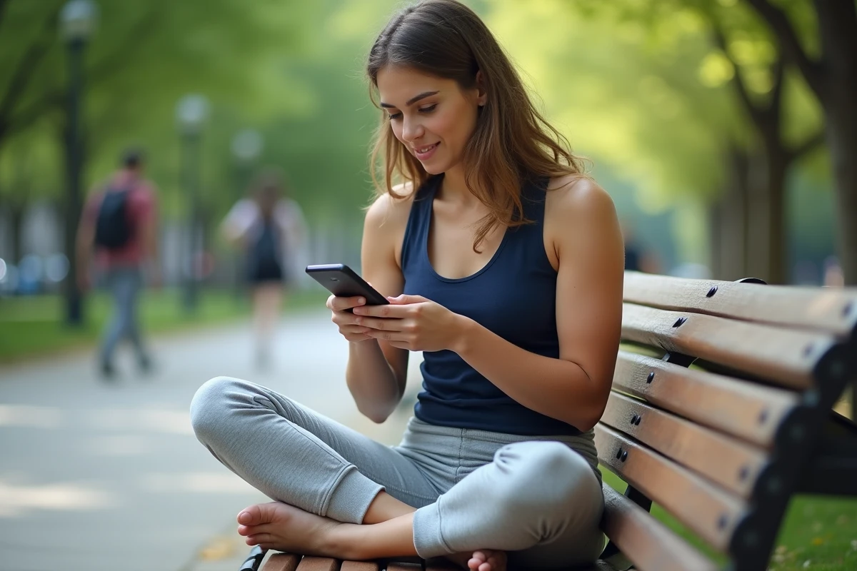 Jeune femme consultant une application de calcul d'IMC sur smartphone dans un parc urbain