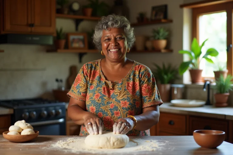 Femme caraibeenne en robe colorée pétrissant la pâte