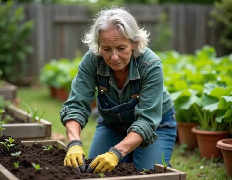 Femme d'âge mûr qui transplante des semis dans un potager bien entretenu, activité de jardinage maraîcher passionnante
