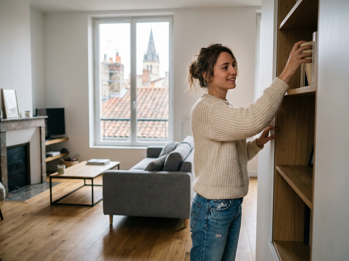 Jeune femme arrangeant des livres dans un appartement lyonnais