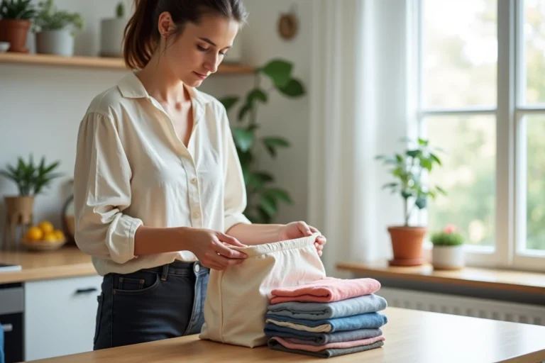 Femme qui plie des vêtements usagés pour les déposer dans un sac réutilisable, geste éco-responsable à domicile