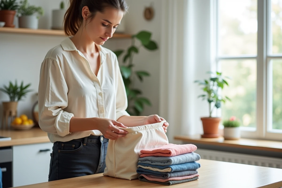 Femme qui plie des vêtements usagés pour les déposer dans un sac réutilisable, geste éco-responsable à domicile