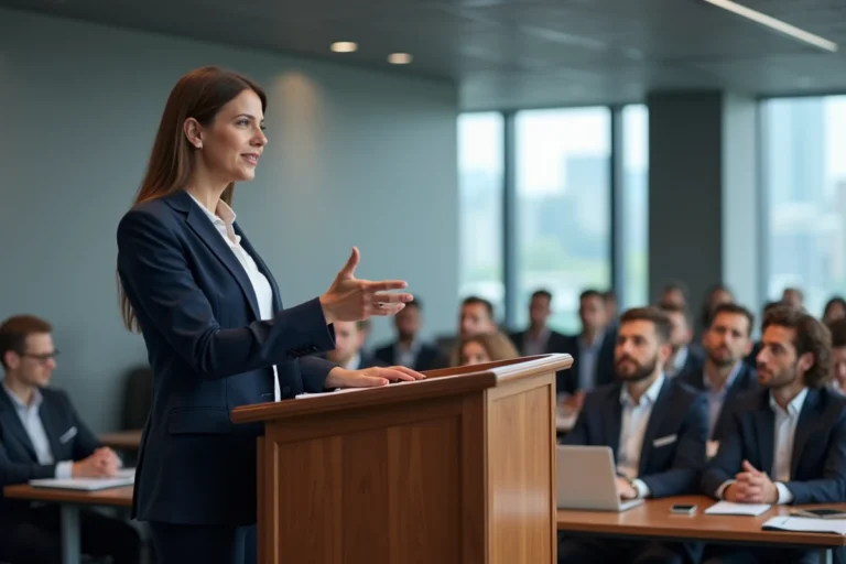 Femme confiante prenant la parole en public lors d'une conférence professionnelle dans une salle moderne