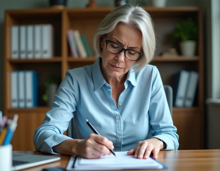 Femme remplissant un formulaire administratif cerfa à son bureau à domicile avec un stylo