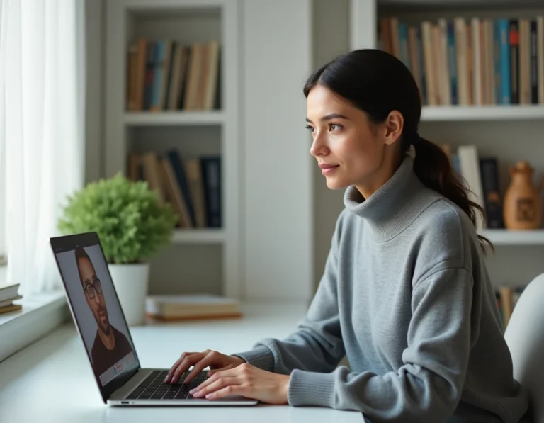 Femme en télétravail concentrée sur un appel vidéo depuis un bureau scandinave lumineux avec connexion internet performante