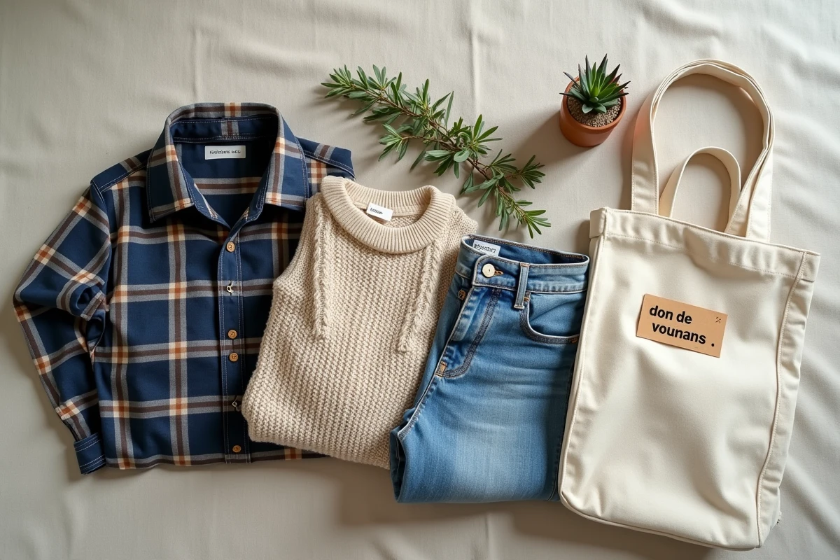 Flat lay de vêtements usagés prêts à être donnés ou repris, posés sur une table en bois naturel avec un sac en coton