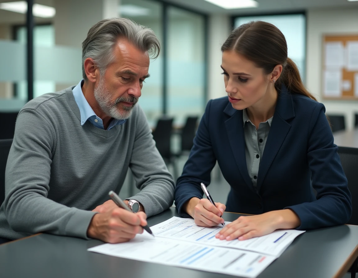 Homme consultant un agent administratif pour remplir correctement un formulaire cerfa dans un bureau officiel