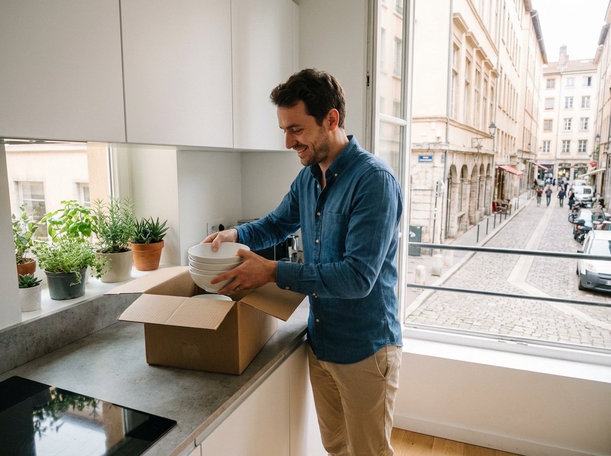 Jeune homme déballant des plats dans une cuisine moderne à Lyon