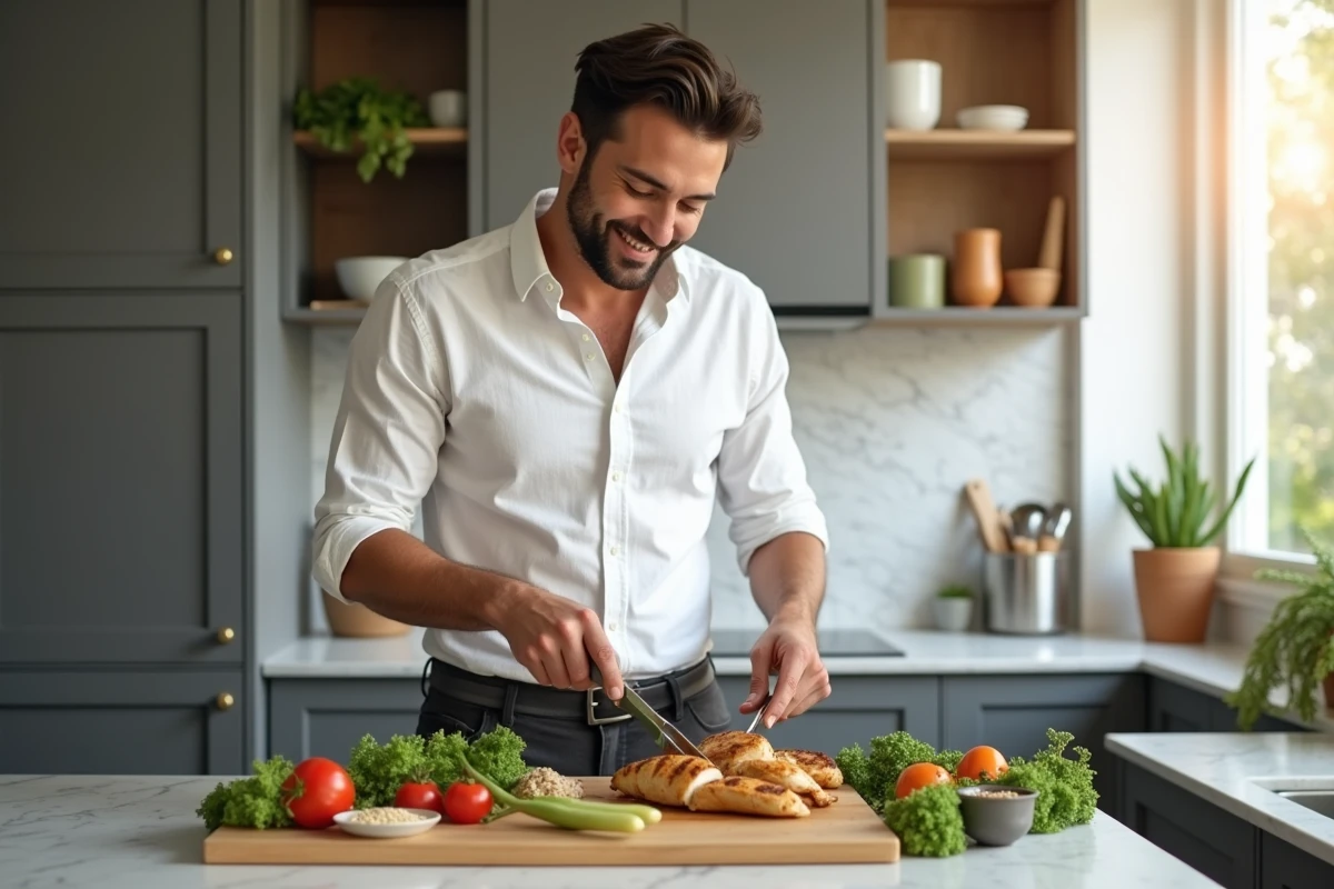 Homme préparant un repas équilibré dans une cuisine moderne pour maintenir un IMC sain