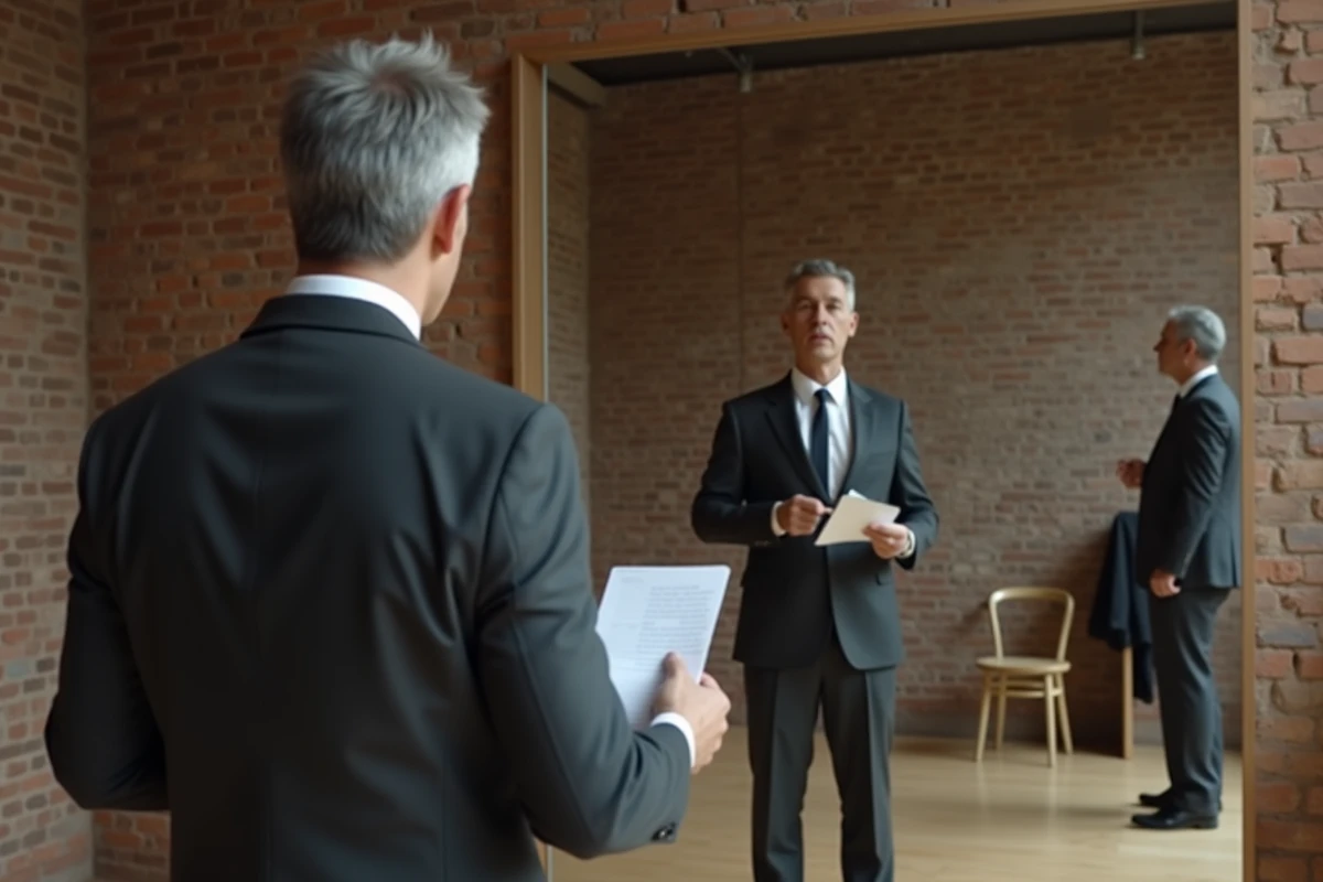 Homme en costume répétant un discours seul face à un miroir dans un studio de répétition minimaliste