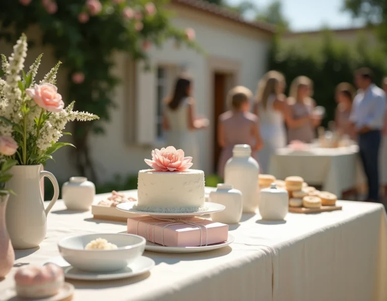 Table décorée pour un baptême avec cadeaux, gâteau et fleurs dans un jardin ensoleillé