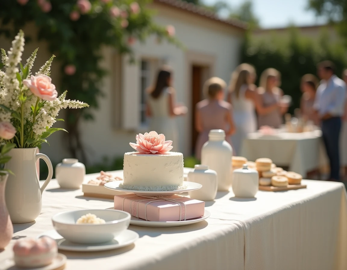 Table décorée pour un baptême avec cadeaux, gâteau et fleurs dans un jardin ensoleillé